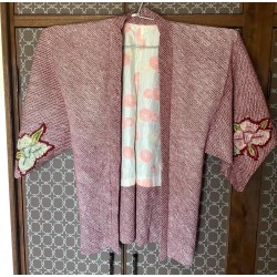 Haori shibori rouge bordeaux et fleurs de Kyoto kimono