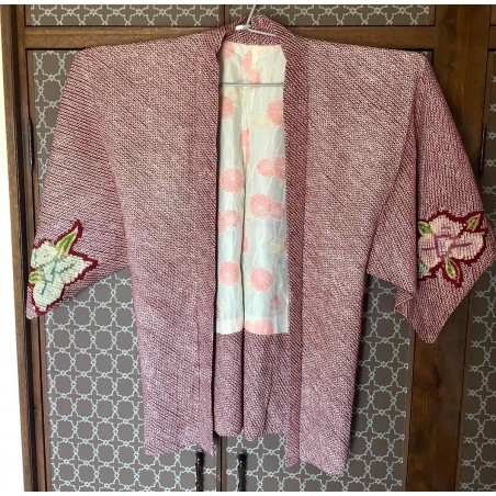 Haori shibori rouge bordeaux et fleurs de Kyoto kimono