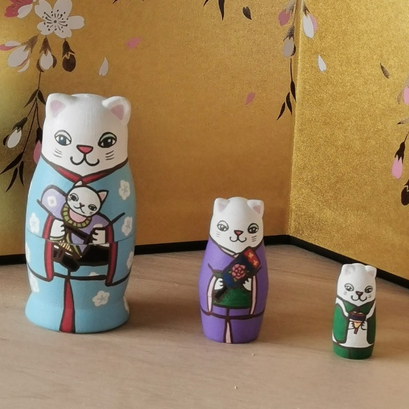 New year cats matriyashka 3 dolls Kimura and co japan handmade