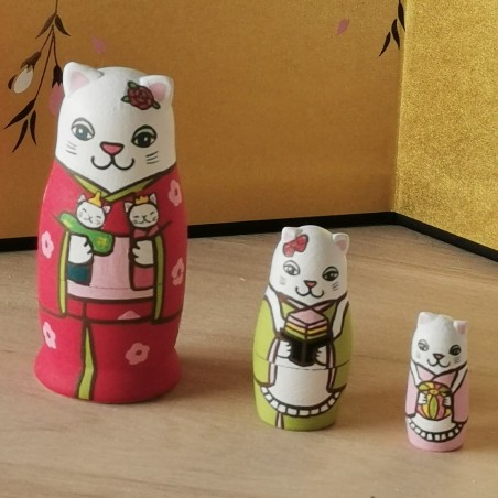 Hinamatsuri cats matriyoshka 3 dolls japanese handmade in Kyoto Kimura and co