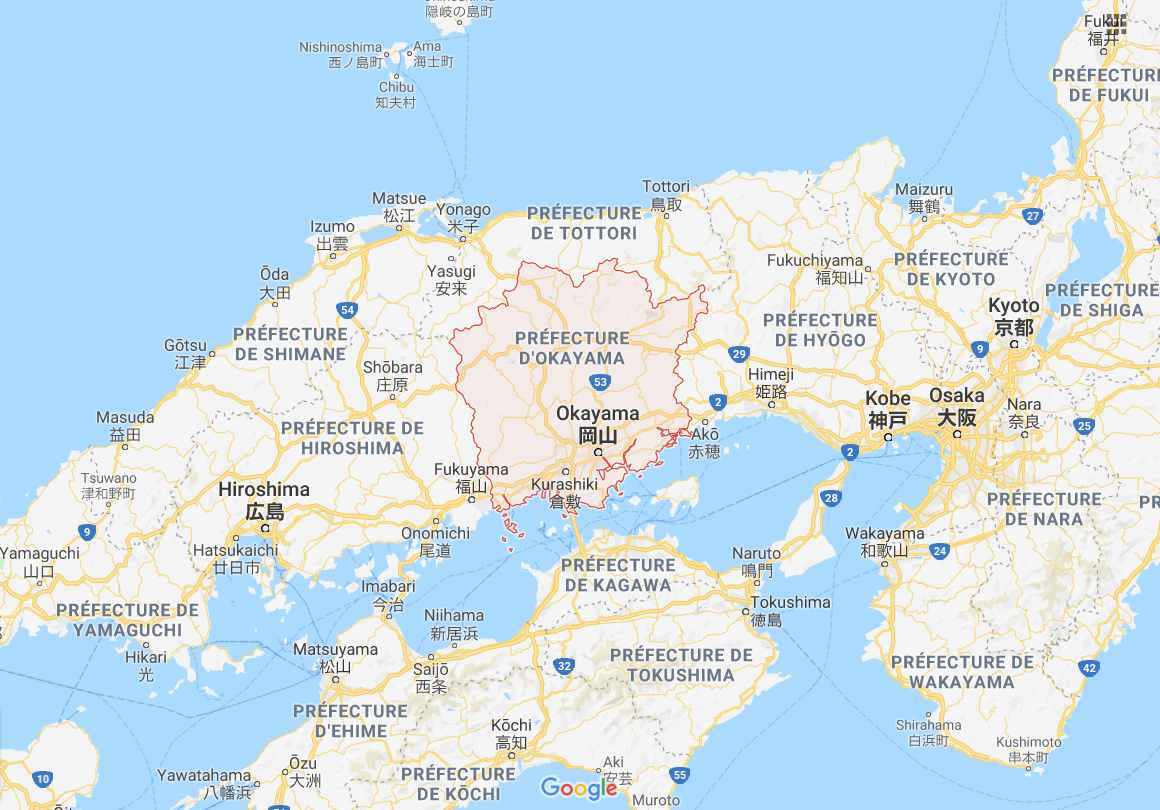 Carte du Japon, île Honshu, préfecture Okayama